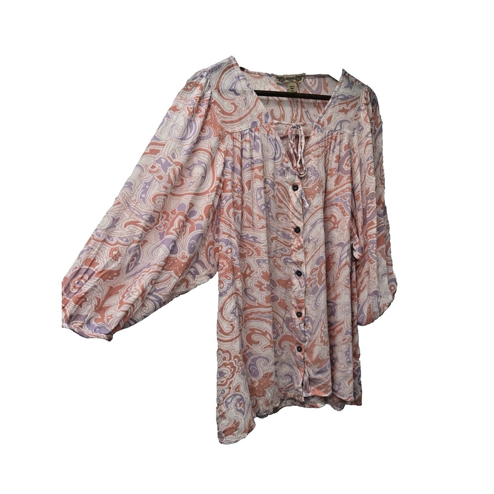 Vintage American Boho Pink Paisley Tunic peasant sleeve button‎ up cottage fairy